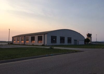 Exterior of Driftless Region Aerospace Innovation Center at dusk